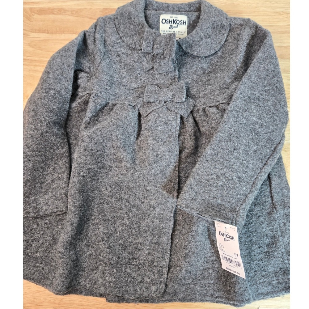 OshKosh B'gosh Girls Gray Wool Blend Bow Dress Coat 5T OKT15131-5T NEW